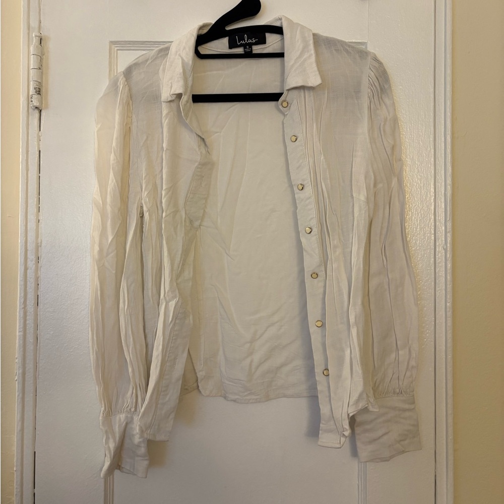 Lulus Road Trip White Puff Sleeve Button-Up Top